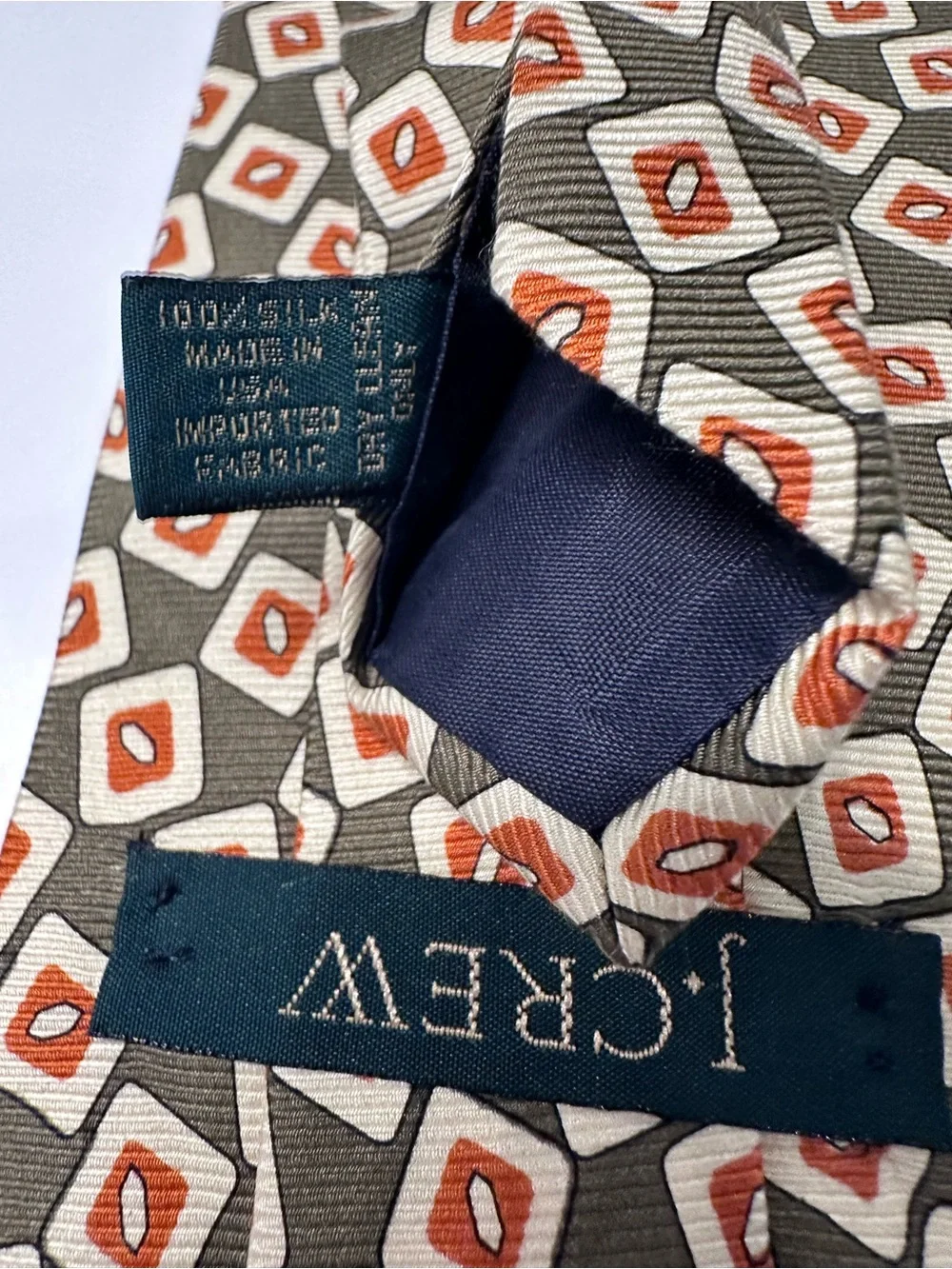 J. Crew Olive Green Geometric Silk-Blend Tie with Cream and Rust Accents